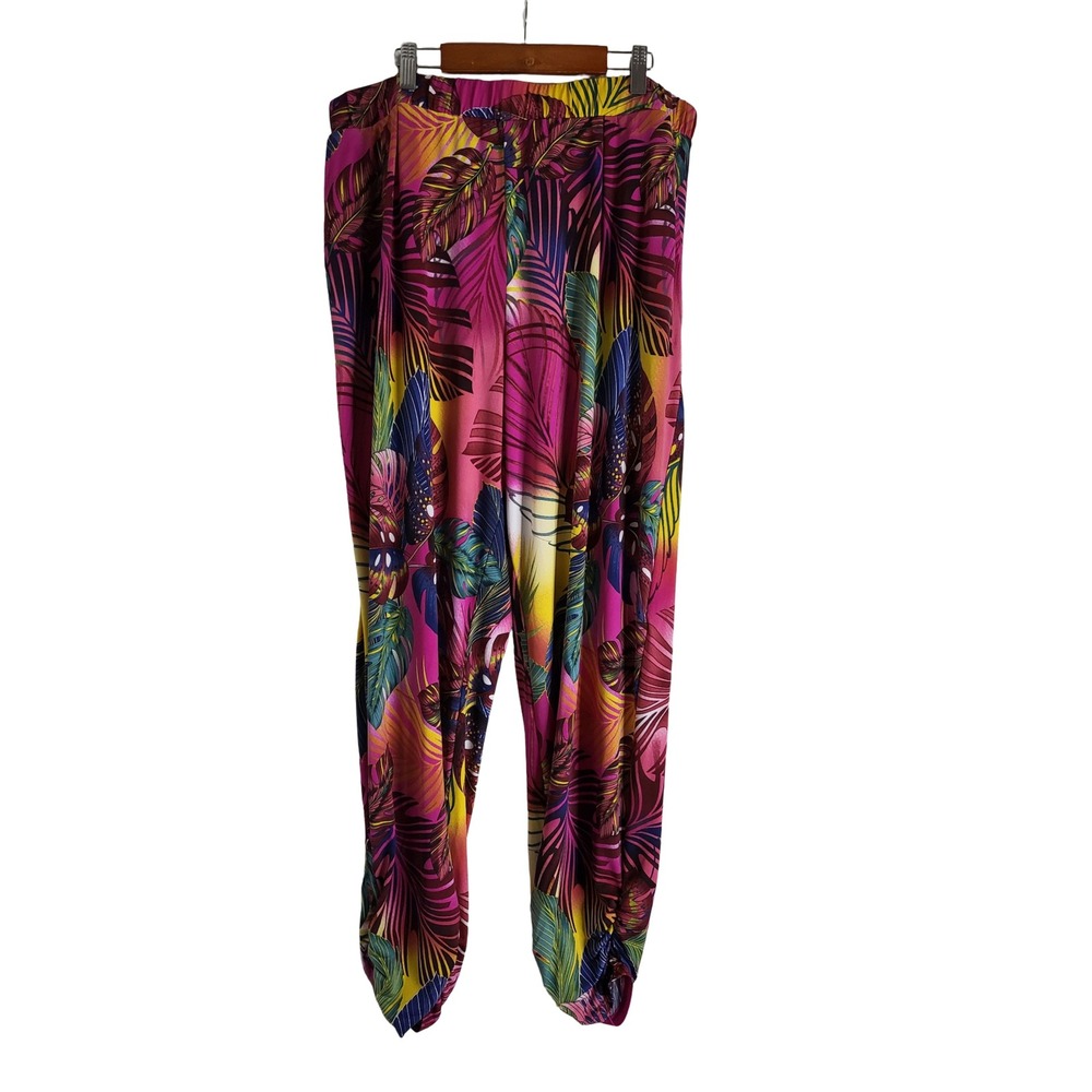 Antthony Original Tropical Leaf Print Harem Pants Pink Yellow 1X Resortwear